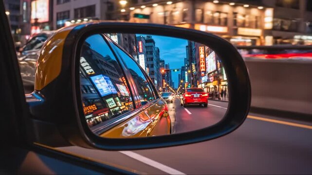 Rearview mirror reflection of fastpaced urban evening commute through city streets
