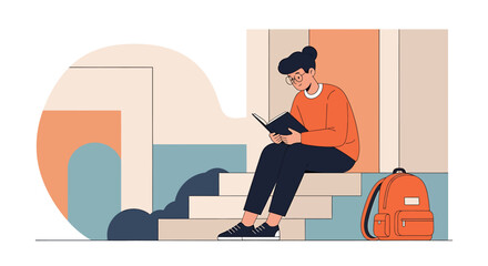 Fototapeta premium Young woman reading a book while sitting on steps outdoors.