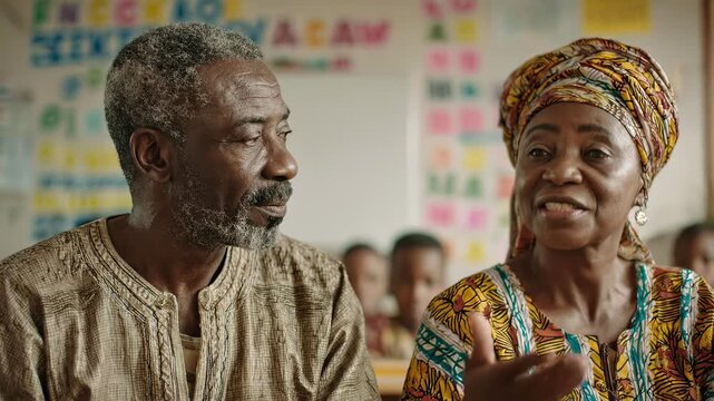 Elderly African American couple teaches school lesson. Senior bearded man gestures emphatically with hands. Mature woman in headwrap looks focused intently.