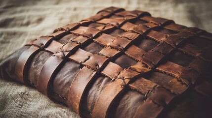 Obraz premium Close up of a hand stitched woven leather object with deep earth tone colors and rich texture