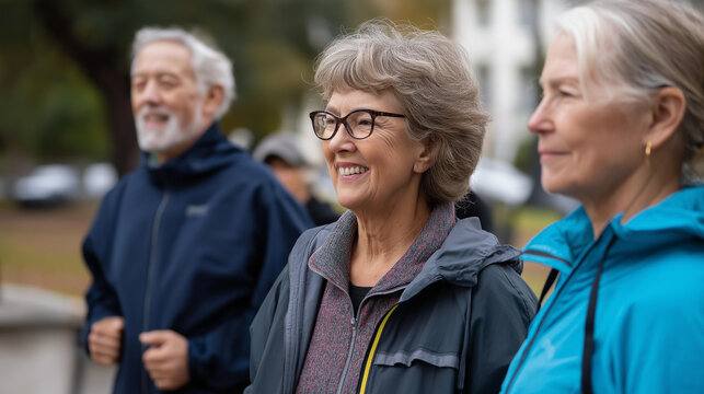 Faceless group of senior friends smiling after yoga lesson at city park mature wellness outdoor fitness active aging health education community exercise with copy space