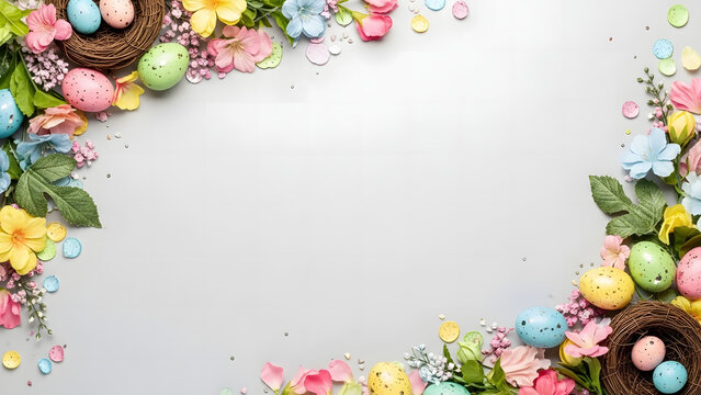 Easter egg border with flowers and greenery on white background