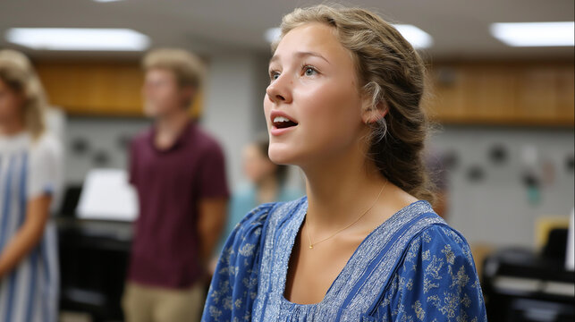 Faceless girl in blue dress having vocal lesson singing instruction music education voice training performance development with copy space