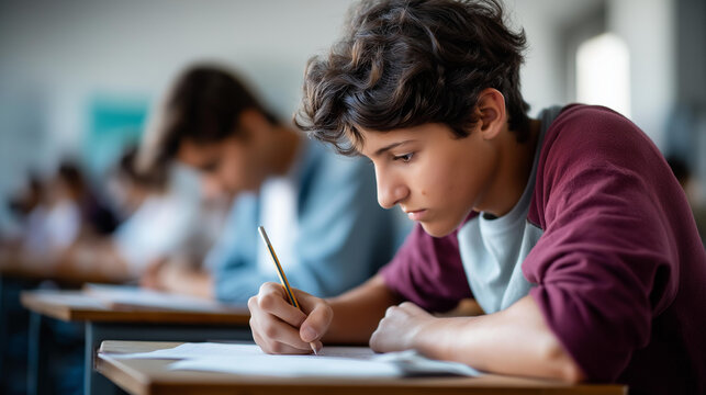 Faceless teenager students writing notes in classroom for education lesson revision and quiz preparation high school assignment studying academic curriculum with copy space