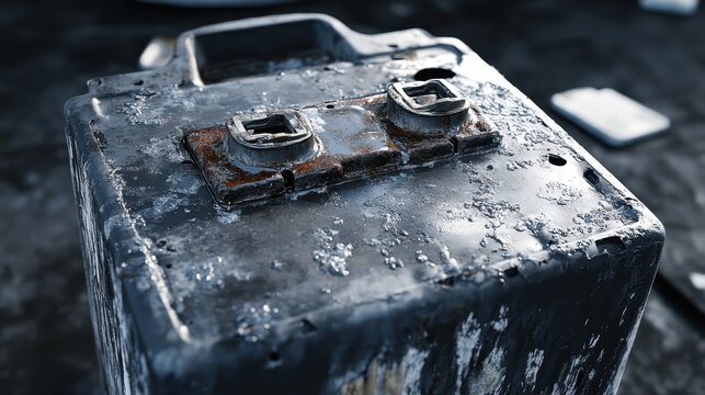 Close up of a damaged and corroded battery cell showing signs of degradation and rust