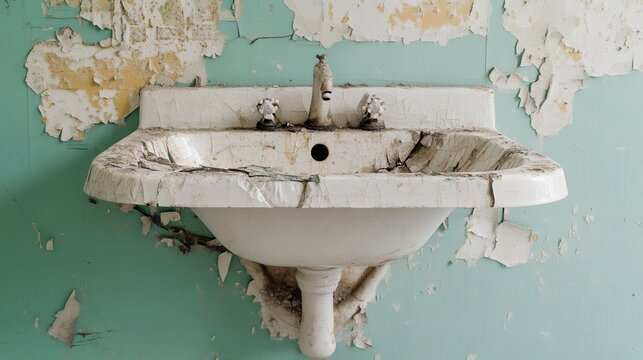 An old abandoned bathroom sink with peeling paint and cracked ceramic in a state of disrepair