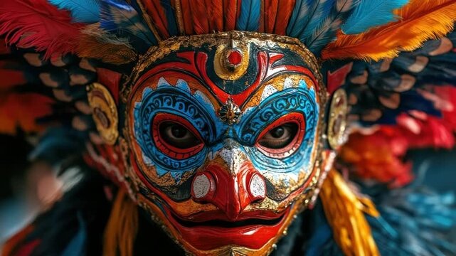 Close-up view of a vibrant devil mask from Diablada during the Carnival celebration in Oruro, Bolivia, showcasing intricate details and cultural significance