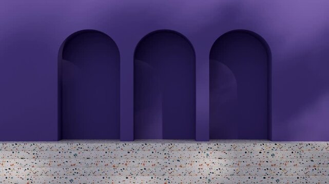 Geometric arched wall with layered cutouts and shadows of tree branches. 3D architectural background. Design for banner, poster, wallpaper, and header.
