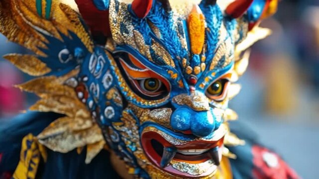 Close-up view of a vibrant devil mask from Diablada during the Carnival celebration in Oruro, Bolivia, showcasing intricate details and cultural significance