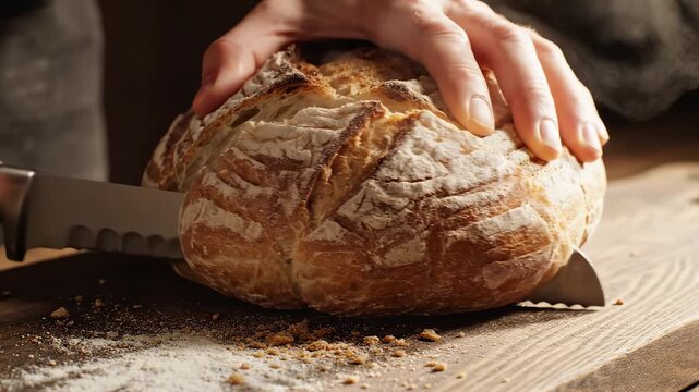 Person slicing freshly baked bread