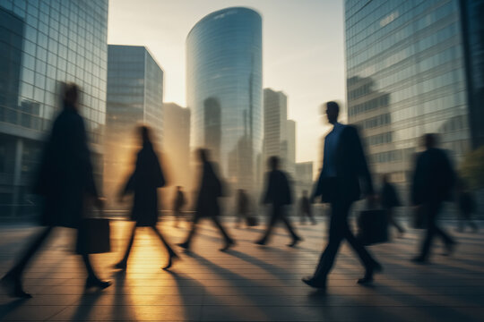 Matin&eacute;e urbaine, silhouettes en mouvement dans le quartier des affaires