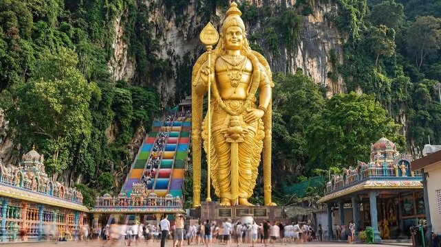 A beautiful time lapse of the golden lord murugan statue and colorful rainbow stairs during the busy religious festival thaipusam in gombak selangor city malaysia