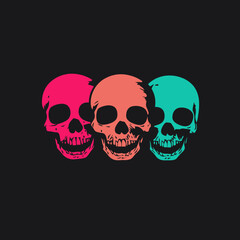 Three colorful minimalist skulls in pink orange and blue on black background flat vector design for modern graphic and tattoo art