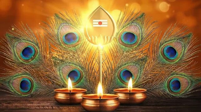 Golden divine vel of lord murugan with peacock feathers and lit diyas against a shimmering light background for thaipusam festival celebration and spiritual worship