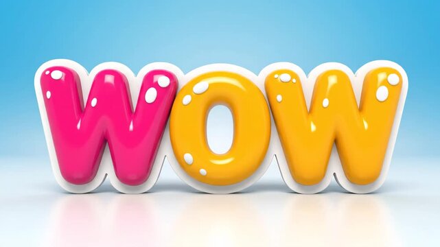 3d rendered bold puffy letters spelling wow in vibrant pink and yellow with white highlights and a soft blue gradient background perfect for expressing surprise excitement and celebration in