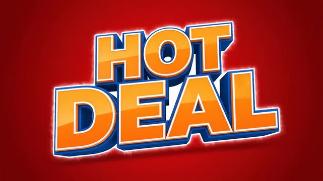 3 D hot deal text animation with vibrant orange and blue lettering on a red background dynamic motion graphics for sales promotions and advertising campaigns