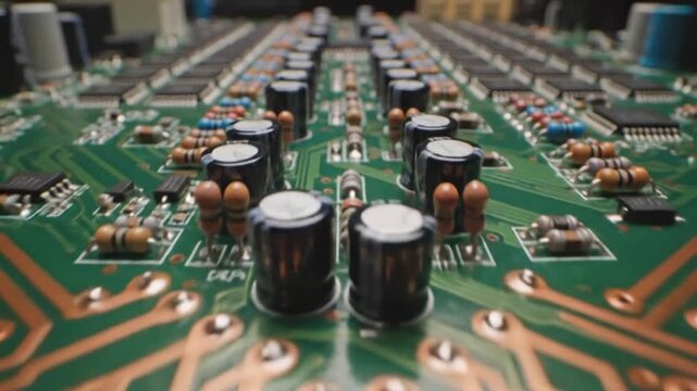 Close-up view of electronic circuit board with capacitors and copper wiring in a manufacturing environment