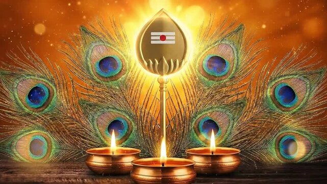 Lord murugan golden vel with peacock feathers and burning oil lamps for thaipusam festival celebration offering prayer and spiritual blessings in hindu temple background scene