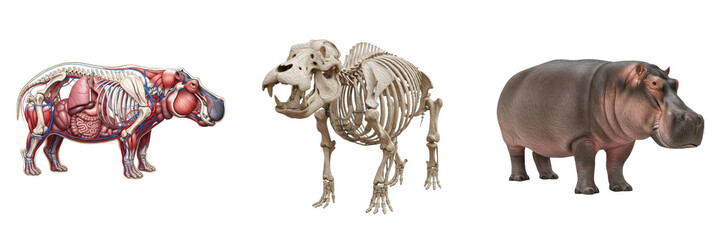 Obraz premium Isolated Hippo Anatomy Set with Skeleton, Internal Organs and Realistic Hippo – Transparent Background PNG