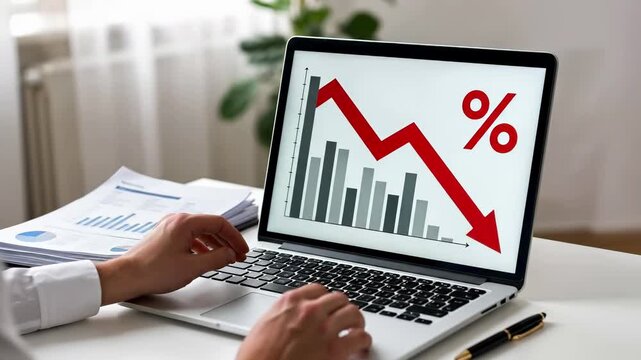 Business professional analyzing declining financial graph on laptop screen. Downward trend arrow with percentage symbol and bar chart indicating economic recession, market loss, and negative