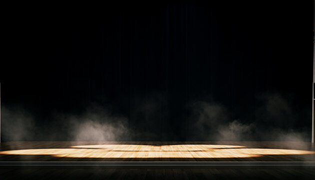 Classic stage with only edge footlights lit, darkness beyond, soft drifting smoke loop, 8K, 2026