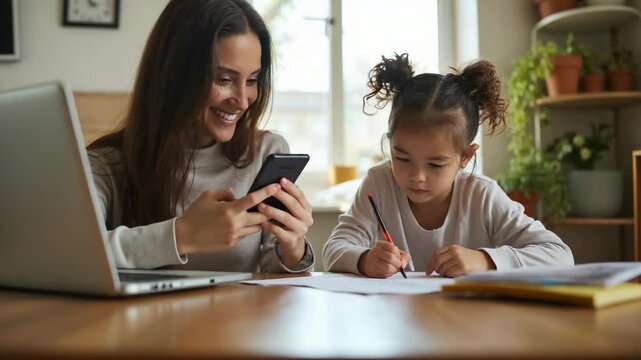 Work-family balance. Single mother talking by smartphone and her daughter drawing at wooden table indoors.
