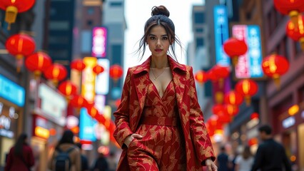 Obraz premium Elegant Southeast Asian woman in red patterned outfit standing in urban street with festive lanterns. One person, 20s, adult.