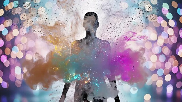 Silhouette with cosmic nebula and stardust doubleexposure effect surrounded by bokeh lights. Abstract concept of consciousness, imagination, spiritual awareness and inner universe exploration