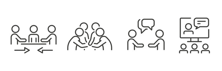 meeting set icons, contains such as seminar, webinar, dialogue people group, supporting teamwork, conference, line art vector