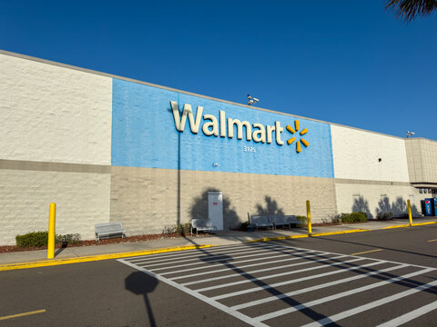 Titusville, Florida, USA, June 16, 2025: Walmart Supercenter in Titusville, FL - Titusville Supercenter located at 3175 Cheney Hwy. The Walmart logo is displayed on the facade.