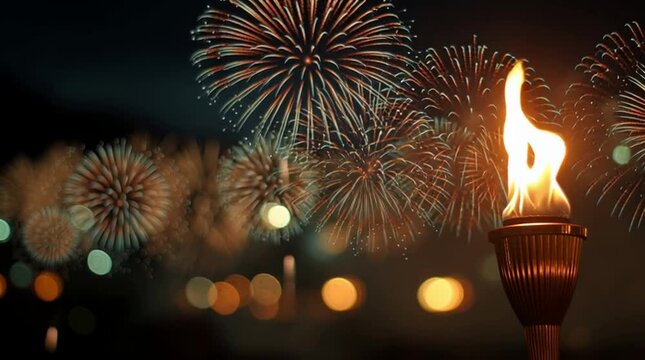 A lit torch stands in the foreground with colorful fireworks bursting in the night sky. The scene captures the excitement of winter sports competitions in Italy.