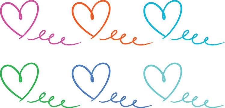 Six colorful hand-drawn hearts with playful squiggly lines, arranged in two rows on a white background, depicting love and joy in a simple doodle style.