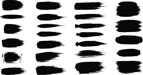 A collection of various black paint brush strokes and ink smears with different textures and shapes on a clean white background, ideal for graphic design elements.