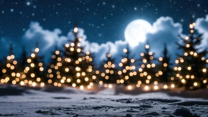 Naklejka premium Moonlit winter night with snow-covered trees and twinkling lights.