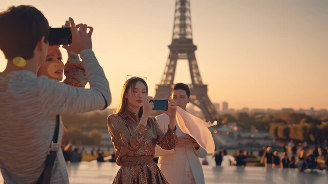 Tourists taking photos of the Eiffel Tower at sunset in Paris for travel and tourism concepts
