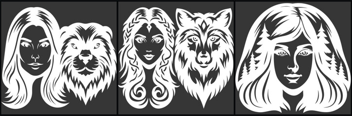 Naklejka premium Elegant Animal Portraits Featuring Woman Wolf Lion Bear Designs, Artistic Vector Graphics For Print