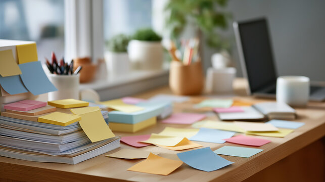 A colorful desk with sticky notes and schedules scattered around captures the essence of brainstorming sessions, emphasizing creative planning and time allocation strategies crucial for innovative