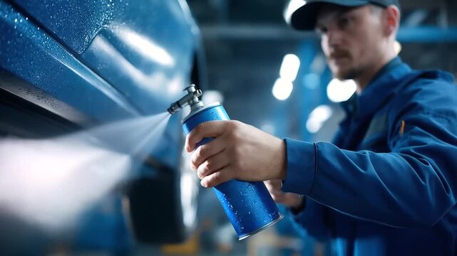 Faceless mechanic hands spraying car underbody vehicle raised on lift anti corrosion treatment automotive maintenance service protective coating application defocused workshop