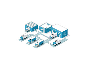 Efficient logistics and transportation hub with trucks and warehouses