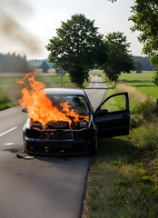 Car on fire parked on side of rural road with open door and flames coming out