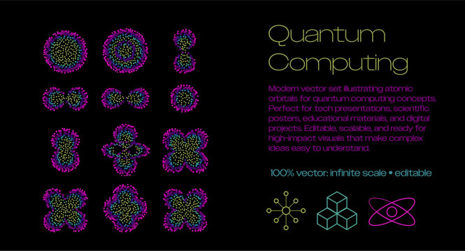 Atomic orbitals and quantum shapes in glowing purple, pink, blue, and green dots on black background. Conceptual vector illustration for quantum computing, atomic orbitals, quantum physics.