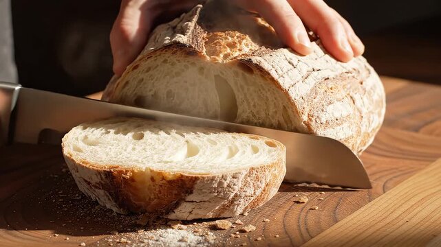 Freshly baked bread being sliced