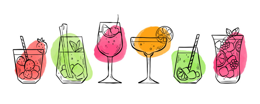 Set of hand-drawn line art with different types of mocktails isolated on a white background. Sketch illustration collection of party drinks for logo, sticker, menu, or web banner.