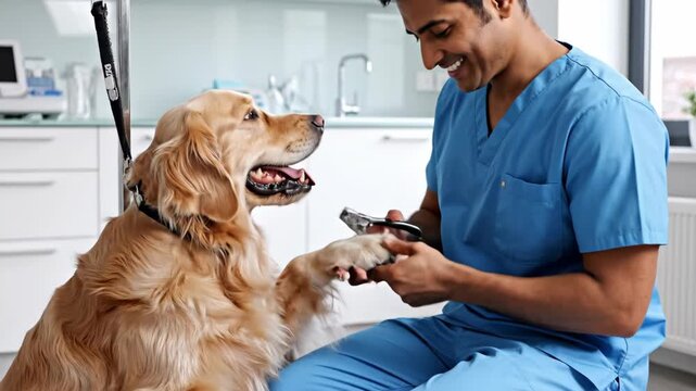 Veterinarian trimming a golden retriever's nails in a clinic. Professional pet grooming and hygiene care. Male vet in blue scrubs cutting dog claws during a checkup