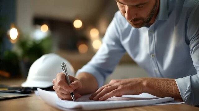 Faceless architect or engineer hands working on blueprint plan construction project tools safety helmet nearby technical drawing analysis professional planning work
