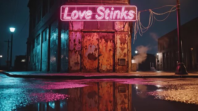 A glowing pink neon sign reading Love Stinks hangs over a rusty door in a dark alley. The wet pavement reflects vibrant colors in a moody urban setting. Great for cinematic or emotional projects.
