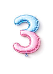 Naklejka premium Number three balloon in blue and pink colors isolated on a white background. Minimalist celebration concept suitable for third birthday, anniversary, countdown, ranking, statistics, growth and marketi