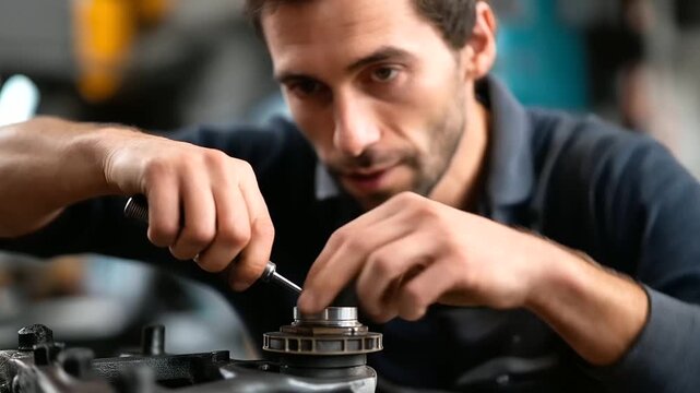 Faceless professional mechanic hands showing intense concentration machine part repair performance technician screwdriver precision brake system maintenance technical expertise