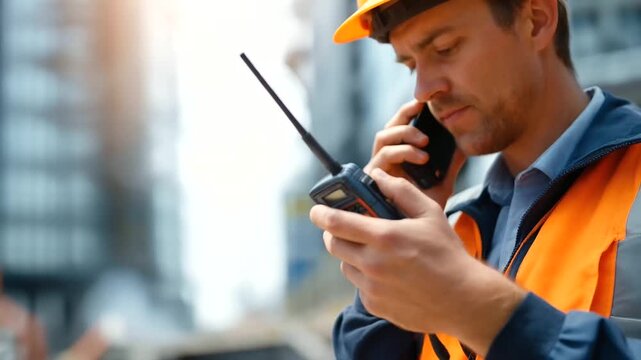 Faceless maintenance engineers using walky talky communication inspection results reporting building structures examination irrigation system exploration professional