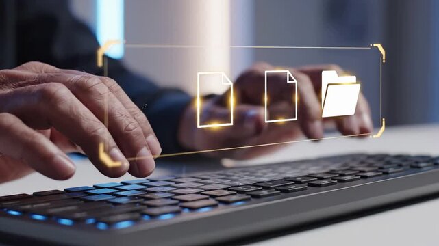 Person typing on keyboard with overlay of document icons. Digital file management and data organization concept through electronic system. Represents business documentation, storage, workflow, archive